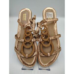 Kathy Van Zeeland Gold Metallic Jerry Strappy Flat Sandals With Circle Accents S